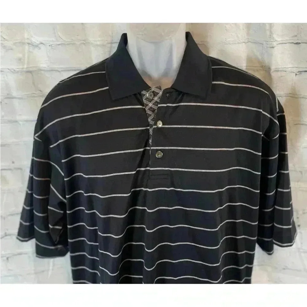 Lone Cypress By Pebble Beach Black‎ White Striped Short Sleeve Polo Shirt L GOLF